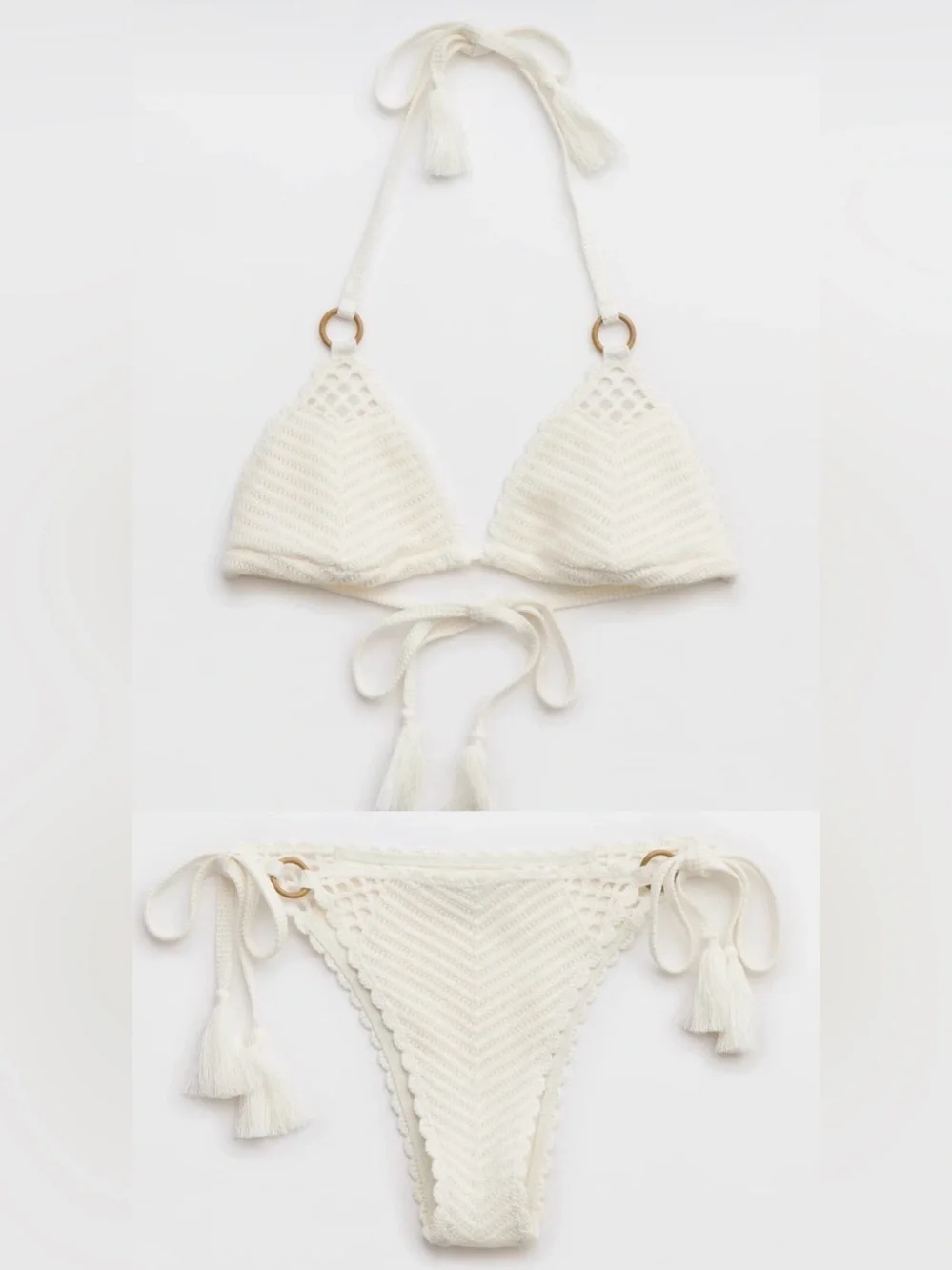 NWT Aerie FULL SET Crochet String Triangle Top + String Tie Bottom Soft Muslin S